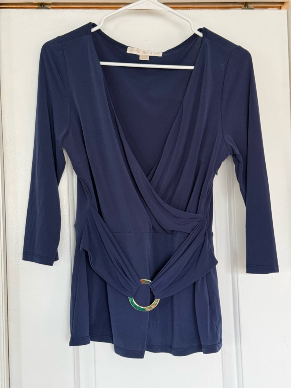 Boston Proper Navy Blue Wrap-Style Blouse with Ring Detail